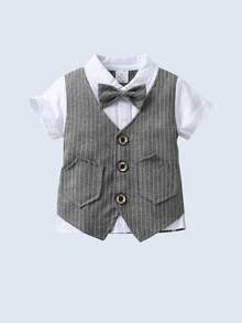 BOARNSEORL 2pcs Young Boys Gentleman Outfit, Gray Striped Short Sleeve Shirt With Bowknot And Shorts, Stylish Casual Suitable For Travel, Wedding, Party, Daily Wear - Grey - View 3