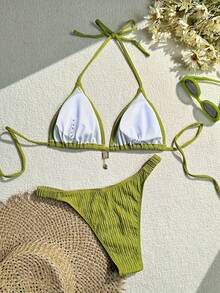 New Bestselling Fashion Special Fabric Bikini Set Sexy Swimwear 2Pcs, For Summer Beach Vacation - Green - View 2