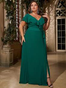 Women Plus Size Ruffle V-Neck Split A-Line Bridesmaid Dress Cocktail Party Evening Formal Event - Dark Green - View 5