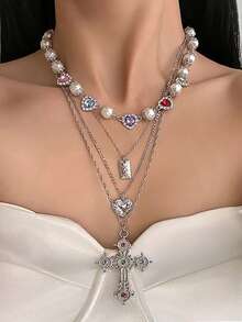 4pcs Elegant And Fashionable Colorful Rhinestone Inlaid Heart And Cross Pendant Multi-Layer Necklace, Suitable For Women's Daily And Holiday Wear, Gift For Elders And Friends