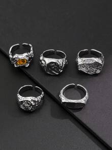 5pcs Fashionable Punk Liquid Geometric Metal Rings With Crystal Rhinestones, Adjustable Knuckle Rings