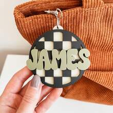 Checkered Backpack Tag, Backpack Name Keychain, 3D Name Keychain, Personalized Name Keychain, Backpack Name Tag, Diaper Bag Tag, Keychain - Black - View 3