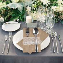 10pcs European Style Linen Lace Cutlery Holders, Handmade Craft DIY For Weddings, Celebrations, Parties