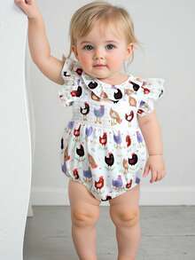 Baby Girl Chick Romper Smocked Round Neck Flying Sleeve Ruffle Bodysuit Cute Summer Clothes - White - View 2