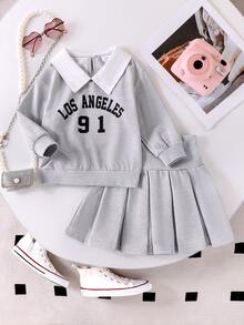 2 件套年轻女孩休闲学院风字母印花领运动衫和百褶裙套装，春秋