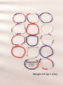 14pcs Bohemian Style Beaded Bracelet Set, Simple & Fashionable, Handmade With Red White Blue Seed Beads & Stars, Elastic Design, Suitable For Women, Perfect Gift For USA Independence Day, Party, Bar, Work, Casual Occasions