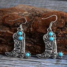 1pair Western Style Women's Cowboy Hat & Boots Retro Fashion Earrings - Antique Silver - View 10