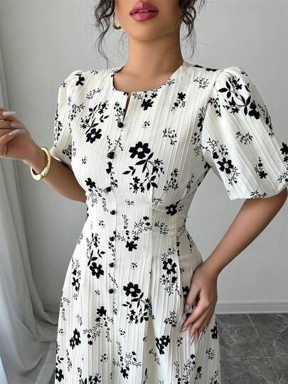 Women's Round Neck Lantern Sleeve Floral Print Dress, Suitable For Formal Events And Daily Wear White Vacation Summer Elegant