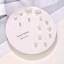 7 Pairs New Arrival Heart-Shaped Pink Crystal Rhinestone Rose Gold Stud Earrings Set