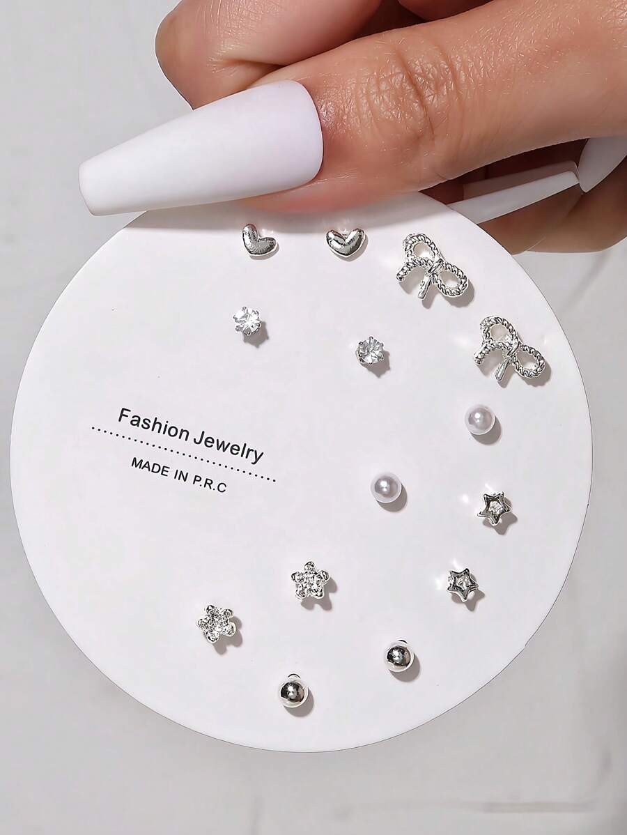 7 Pairs New Arrival Heart-Shaped Pink Crystal Rhinestone Rose Gold Stud Earrings Set