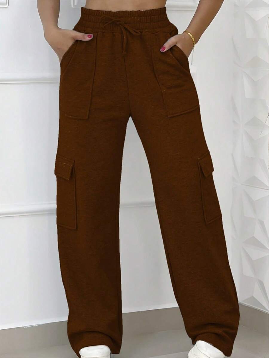 Women's Winter Cargo Pants With Pockets - Rust Brown - View 1