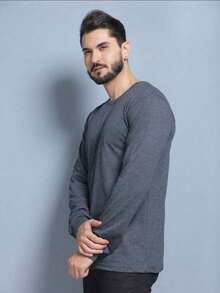 Women's Men's Blouse Plain T-Shirt Unisex Long Sleeve Round Neck 100% Cotton - 深灰色 - 查看 3