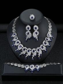 Set de 1 juego de 5 piezas de joyería de lujo con cubic zirconia, collar, aretes, pulsera, anillo con diseño de flor para mujeres, para ocasiones especiales