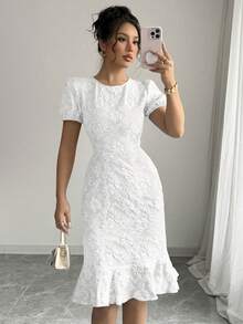 2025 Spring/Summer Women's Elegant Jacquard Solid Color Round Neck Ruffle Hem Puff Sleeve Mid-Length Dress - White - View 4