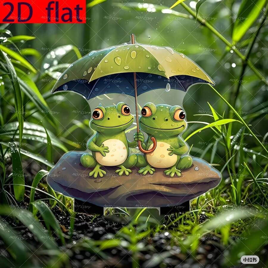 زخرفة حديقة على شكل ضفدع جالس على صخرة مسطحة 2D يمسك مظلة خضراء، مناسبة للحديقة والنباتات المزروعة في أصص والمسطحات الخضراء والحدائق - اكسسوارات خارجية - ديكور أعياد خارجي - آخرى، مسطح 2D