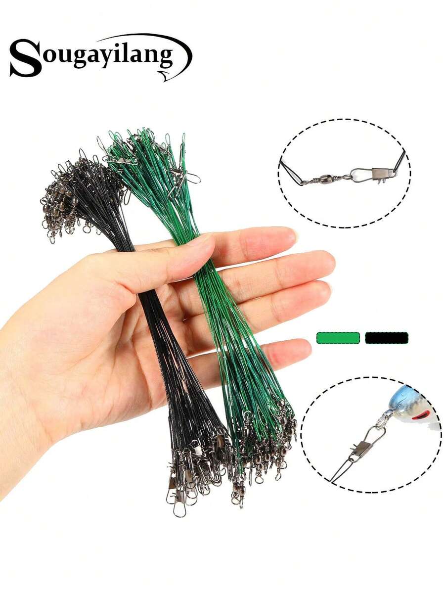 SOUGAYILANG 20pcs Black Anti-Bite Steel Fishing Line Steel Wire Leader With Swivel & Lead Core Leash Fishing Accessory Practical Durable Rolling Swivels Snap Fishing Lures Hook Traces Steel Wires - Black - View 1