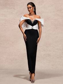 Vestido de fiesta elegante y digno para mujer con hombros descubiertos, bloqueo de color y decoración de rhinestones, para otoño/invierno, boda y primavera - Blanco y Negro - Ver 3