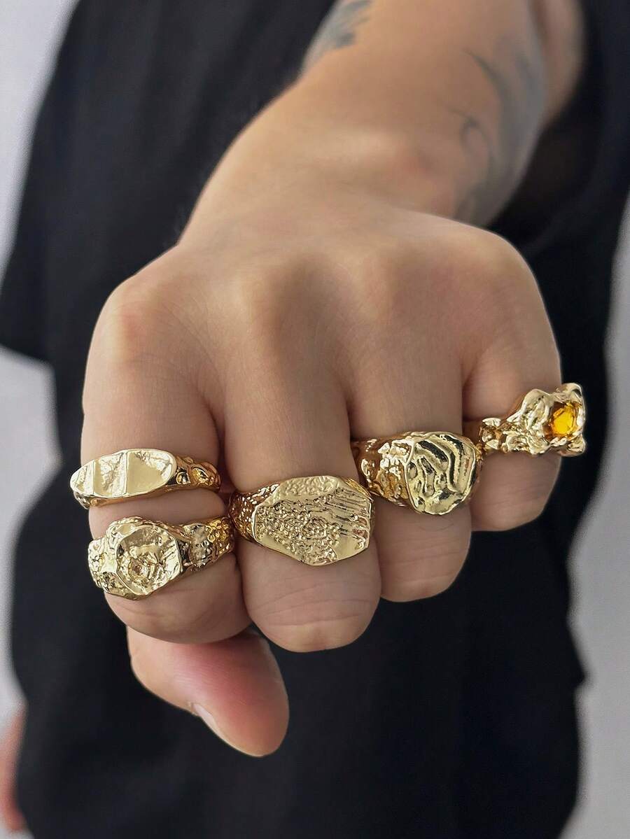 5pcs Fashion Punk Liquid Geometric Metal Rings With Rhinestone, Adjustable Knuckle Rings - Yellow Gold - View 1