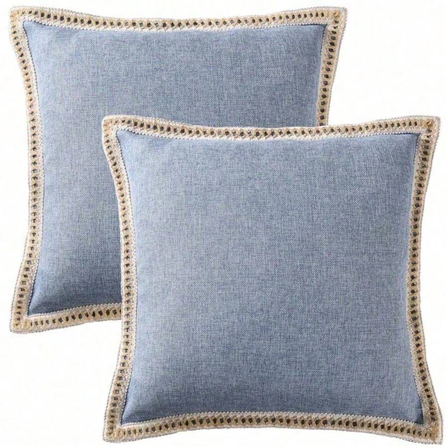 RELC-Decorative Throw Pillow Covers Pack Of 2, Farmhouse Burlap Trimmed Pillow Cases, Rustic Linen-Like Cushion Cover With Zipper Closure Lumbar Pillow-RELC - 藍色 - 查看 1