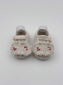 1 Pair Infant Knit Booties With Floral Embroidery, Mary Jane Style, Button Closure - Beige - View 5