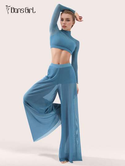 DonsGirl Set med damtopp med polotröja och ultramjuka, elastiska meshbyxor med vida ben – mångsidig, elegant blå outfit för aerial yoga och modern/klassisk balettdans.