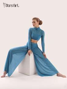 DonsGirl Damski krótki top z golfem i ultramiękkie, elastyczne, siateczkowe spodnie z szerokimi nogawkami – uniwersalny, elegancki, niebieski strój do jogi powietrznej, współczesny/klasyczny kostium do tańca baletowego