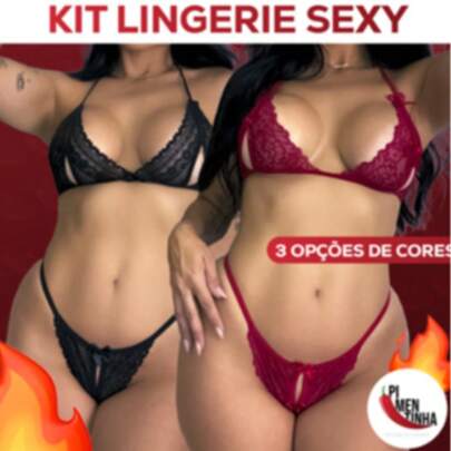 Kit com 2 Conjuntos de Lingerie em Renda Fio Dental – Conjunto Apressadinha Moda Íntima