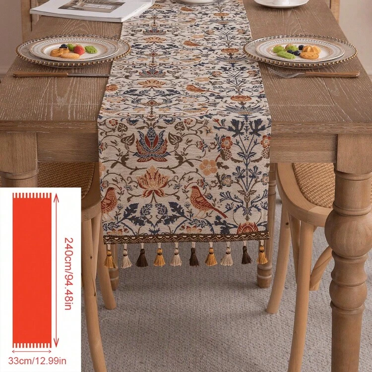 1 peça Passadeira de Mesa com Estampa Jacquard Tecida de Flores e Pássaro Gralha com Borlas, a Cor e a Quantidade das Borlas são Aleatórias - Multicolorido - Visão 14