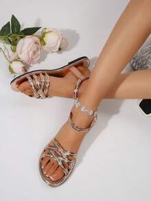 Women's Summer New Fashionable Casual Simple Open Toe Glass Rhinestone Adjustable Strap Flat Sandals - Champagne - View 2