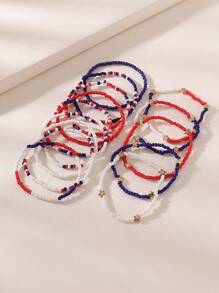 14pcs Bohemian Style Beaded Bracelet Set, Simple & Fashionable, Handmade With Red White Blue Seed Beads & Stars, Elastic Design, Suitable For Women, Perfect Gift For USA Independence Day, Party, Bar, Work, Casual Occasions