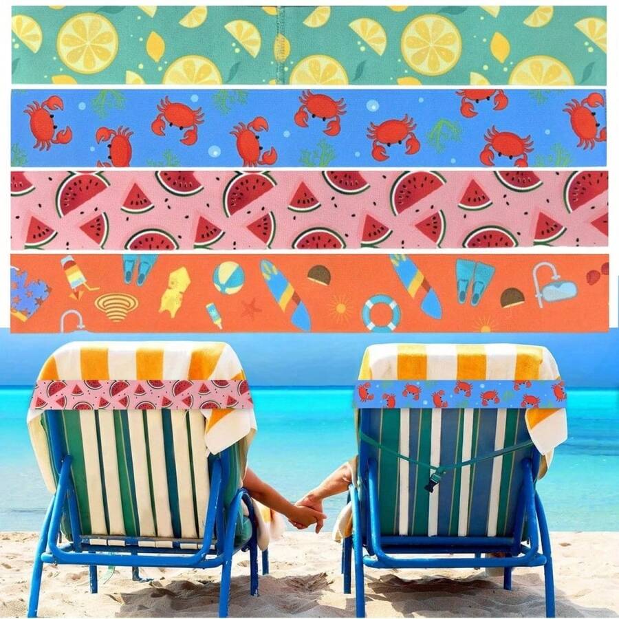 4pcs Mixed Set - Outdoor Camping Beach Chair Towel Windproof Fastener Clips - Clothing Towel Bath Towel Binding Elastic Bands Clips - Suitable For Outdoor Camping Travel Camping Swimming Pool, Thickened Printed Beach Chair Towel Rack, Casual Swimming Pool Elastic Waist Belt, Hawaiian Beach Towel, Chair Towel Rack, Suitable For Beach, Swimming Pool And Cruise Wheelchair, Casual Swimming Pool Hawaiian Accessories, Ideal For Beach Chairs And Tote Bags, Beach Accessories | Vivid Strap Set | Rubber Strap Set Bathroom Decor - Multicolor - View 1