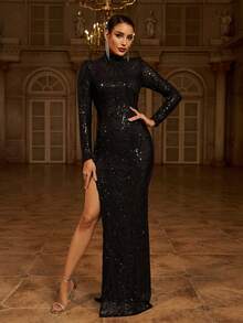 Đầm dạ hội dài tay cổ cao xẻ đùi đính sequin màu đen, thanh lịch, thích hợp cho tiệc cưới, lễ tốt nghiệp, tiệc tối, mùa xuân. - màu đen - Xem 3