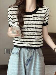 女士夏季时尚黑白条纹针织上衣，宽松女孩时尚短袖 - 黑與白 - 查看 6
