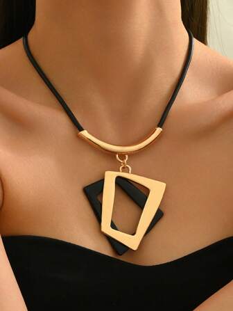 1 件休闲朋克摇滚风格黑色和金色几何吊坠项链，创意 &