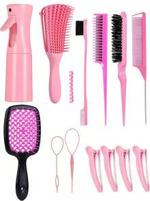 11 件套美发必备套装 - 粉色顺发刷、喷雾瓶、修边器、鼠尾梳和分片夹，适合日常使用或旅行、返校、旅行度假必备品、女士发饰 - 彩色 - 查看 1