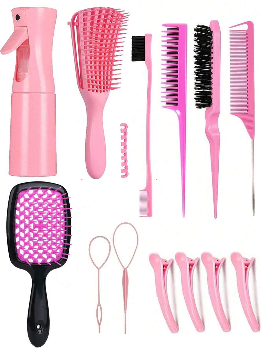 11 件套美发必备套装 - 粉色顺发刷、喷雾瓶、修边器、鼠尾梳和分片夹，适合日常使用或旅行、返校、旅行度假必备品、女士发饰 - 彩色 - 查看 1