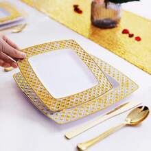50/25/12/6pcs Gold Plastic Cutlery Set Including Knife, Fork, Spoon, Square Gold Plastic Plates, Elegant Diamond Pattern Design, Reusable And Easy To Clean, Suitable For Birthday, Wedding, Graduation, Baptism, Anniversary, Teambuilding, Outdoor Party, Holiday Gathering, Etc - Gold - View 11
