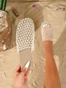 Women's Rope Strap Open Toe Sandals, Women's Flat Sandals. Mesh & Woven Breathable Women's Slippers, Solid Color Vacation Fabric Net Patchwork Beach Party Indoor/Outdoor, Spring/Summer - Apricot - View 4