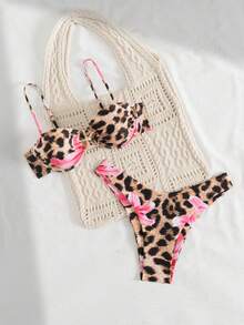 Women's Leopard And Flower Print Sexy Bikini Set - Multicolor - View 3