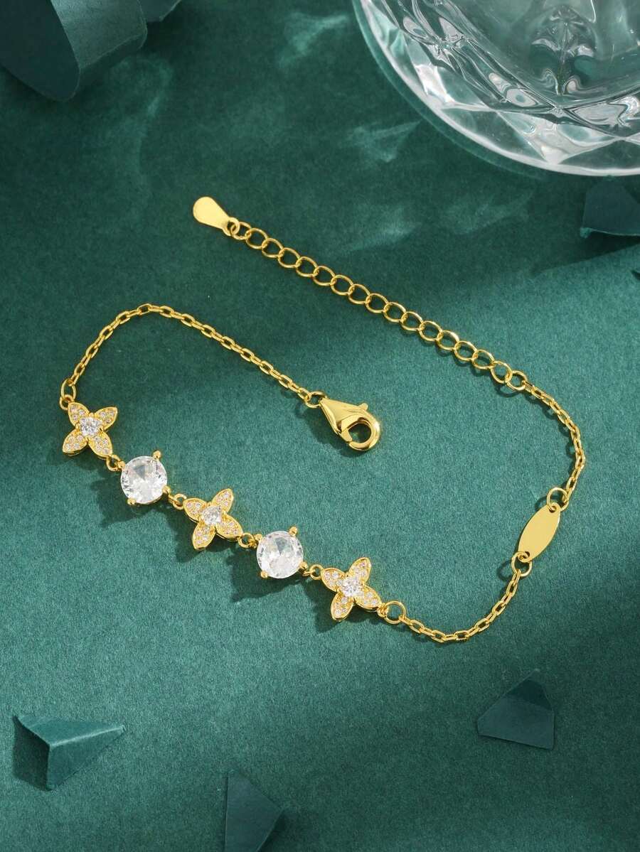 1 件奢华女士 18K 镀金方晶锆石四叶草马赛克串饰手链，高品质欧美风格日常佩戴礼物 - 金黃色 - 查看 1