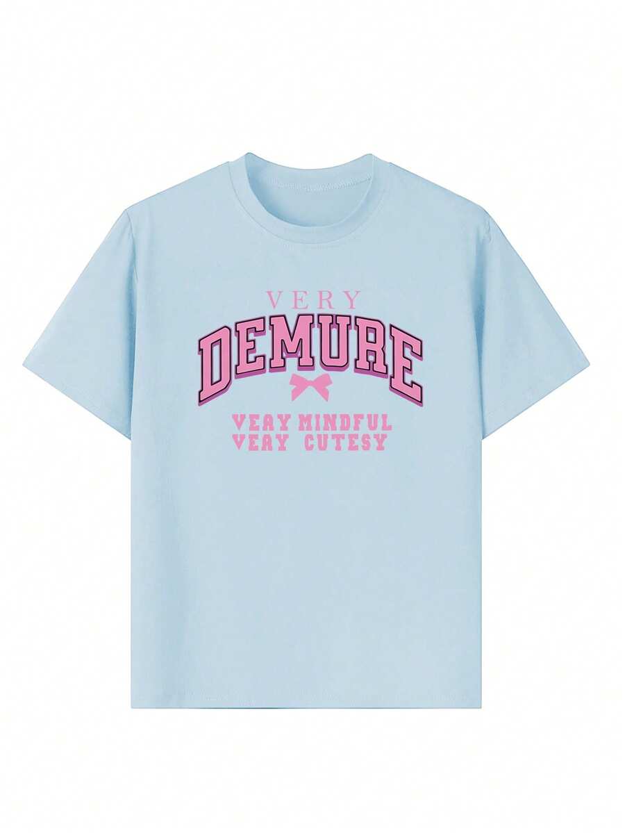 A Piece Of Girl Casual Graphic Print Crew Neck Short Sleeve T-Shirt, Suitable For Summer Student Wear, Fit For Teenagers & Children - Artistic Style T-Shirt Inspiring Imagination And Self-Expression! Girls Graphic Tee, Summer Top, Teenage Clothing - Baby Blue - View 1