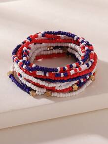 14pcs Bohemian Style Beaded Bracelet Set, Simple & Fashionable, Handmade With Red White Blue Seed Beads & Stars, Elastic Design, Suitable For Women, Perfect Gift For USA Independence Day, Party, Bar, Work, Casual Occasions
