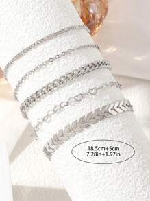 Sanrio 5 Pcs Set Of Simple Silver Multi-Layer Ankle Chains, Elegant Ankle Chains, Women's Charming Beach Party Ankle Chain Set