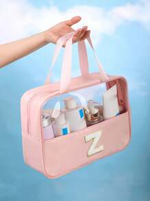 1 pièce Sac de maquillage organisateur en PVC transparent, design de lettre, sac de maquillage portable et imperméable, sac de toilette minimaliste avec patch initial, cadeau pour maman, sac de plage, accessoires de plage, serviette de plage, fournitures de plage, sac de vacances, indispensable pour les vacances d'hiver et d'automne, cadeau de la Saint-Valentin