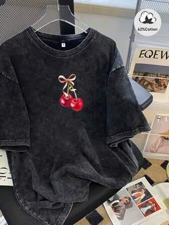 Women's Vintage Washed Letter Print Round Neck T-Shirt, Casual And Fashionable For Daily Wear, Summer