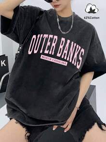 女士水洗复古圆领宽松印花 T 恤，简约时尚休闲日常穿着，夏季 - 黑色 - 查看 1