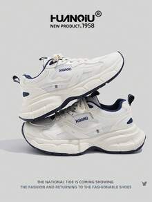 HUANQIU 2026 New Style Men's Shoes, Men's Sneakers, Thick-Soled Casual Shoes, Mesh Breathable White Shoes, Versatile, Lightweight, Comfortable Lace-Up Soft-Soled Casual Shoes, Running Shoes, White And Blue All-Season Shoes - Blue and White - View 2