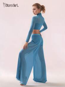 DonsGirl Damski krótki top z golfem i ultramiękkie, elastyczne, siateczkowe spodnie z szerokimi nogawkami – uniwersalny, elegancki, niebieski strój do jogi powietrznej, współczesny/klasyczny kostium do tańca baletowego