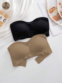 2pcs/Set Front Closure Solid Color One-Shoulder Padded Seamless Comfortable Bras For Women, Wireless Bra