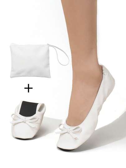 4-Season White Classic Lightweight Breathable Soft Sole Casual Comfortable Foldable Slip-On Ballet Dance Flats, Bridal Party Backup Shoes For Women, Comes With Matching Color Tote Bag